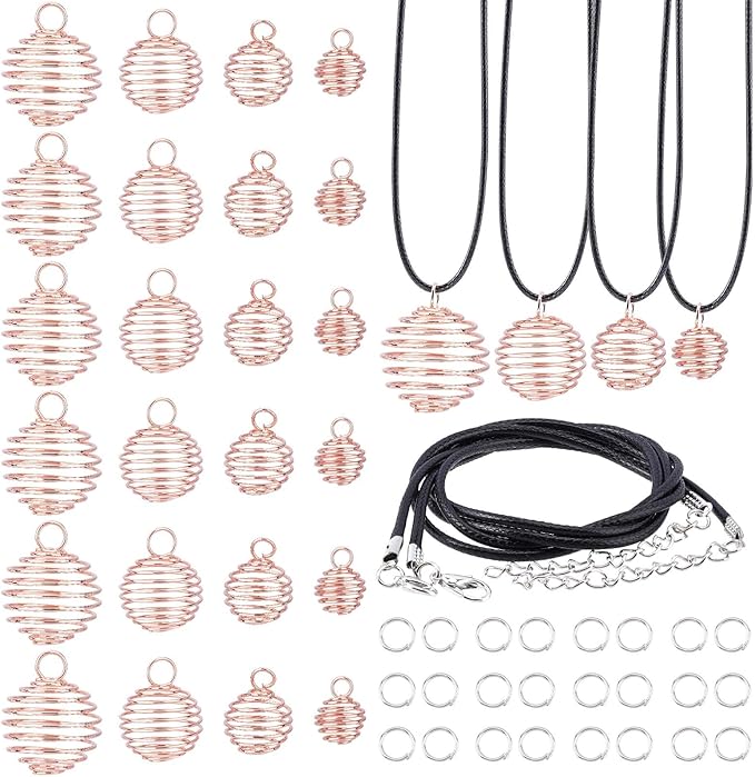 PH PandaHall 24pcs 4 Sizes Spiral Bead Cages Pendants Stone Holder Necklace Cage 24 Strands 17 Inch Black Leather Necklace Cord 50pcs 6mm Open Jump Ring Rock Tumbler Jewelry Making, Rose Gold
