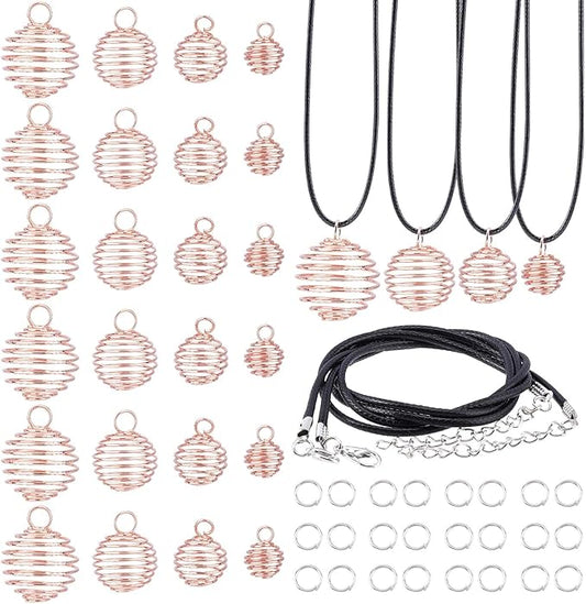 PH PandaHall 24pcs 4 Sizes Spiral Bead Cages Pendants Stone Holder Necklace Cage 24 Strands 17 Inch Black Leather Necklace Cord 50pcs 6mm Open Jump Ring Rock Tumbler Jewelry Making, Rose Gold