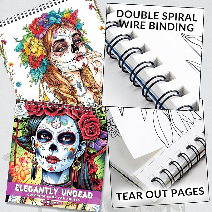 FUN LAVIE Sugar Skull Coloring Book for Adults – Elegant Floral Sugar Skull Lady Designs for Women Mindfulness, Stress Relief & Relaxation, Spiral Bound, Perfect Day of the Dead Art Gift