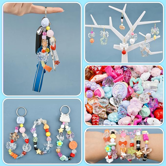 ABONDEVER 245-300Pcs Assorted Acrylic Beads for Bracelets Making Cute Star Bow Flower Candy Heart Gummy Bear Butterfly Aesthetic Beads for DIY Jewelry Keychain Necklace Phone Charms(Random)