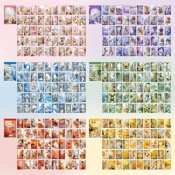 6 sets 300 pcs washi stickers set colorful dreams sticker book for journaling, diy decorative paper sticker decals for bullet journal art scrapbooking diary card craft gift album notebook stationery