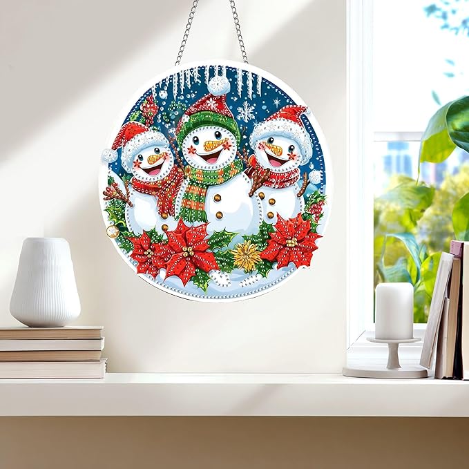 Wergund 5D DIY Christmas Diamond Art Hanging Kits, Hanging Diamond Art Snowman, Acrylic Special Shaped Rhinestone, Window Hanging Pendants for Home Wall Garden Front Door Outdoor Decor Gift(Christmas)
