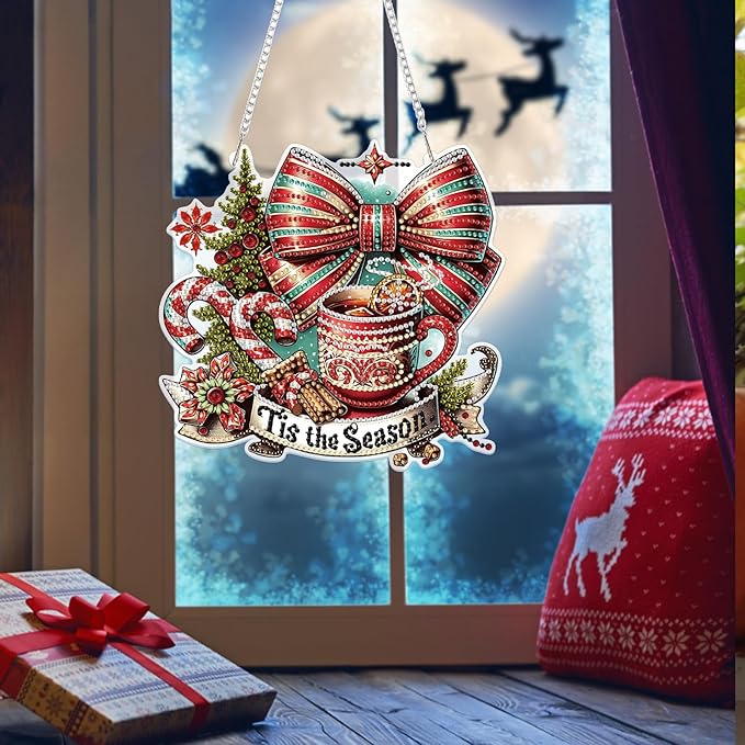 Bowetile Christmas Diamond Art Hanging Kits for Adults, Diamond Art Suncatchers Hot Tea, 5D Special Shape Diamond Painting Pendant Window Ornament Christmas Gifts for Home Door Wall Decor