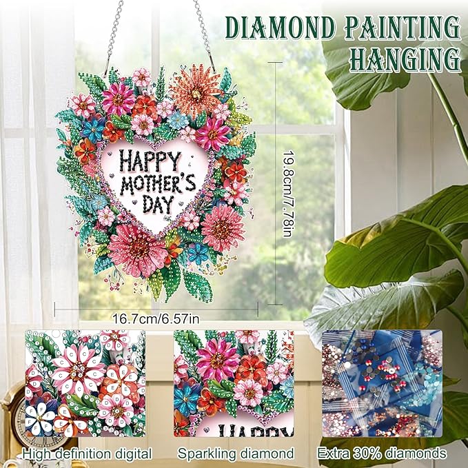 MAXBYE Diamonds Painting Kits Hanging Pendant, Special Shaped Crystal DIY Mother's Day Flowers Diamond Art, Diamond Art for Beginners DIY Crafts, Window Pendant Ornament for Home Decoration, 7.8in