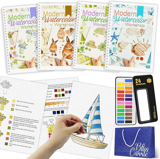 4Pcs Watercolor Workbook with Step by Step, Water Coloring Book with 48 Patterns, Beginner-Friendly Watercolor Workbooks with 24 Paint Colors, Valentine's Day Stress - Relieving Gift for Women