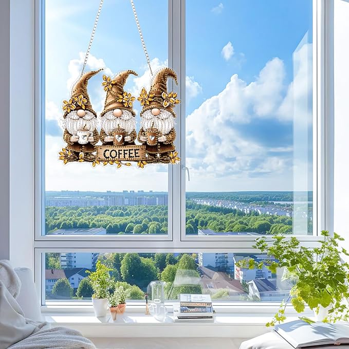 KEYIFA Diamond Painting Kit, DIY Gnomes Diamond Art Hanging for Adults Beginner, Coffee Gem Arts Pendant Special Shaped Rhinestone Window Ornaments Wall Door Garden Decoration Gift, Double Sided