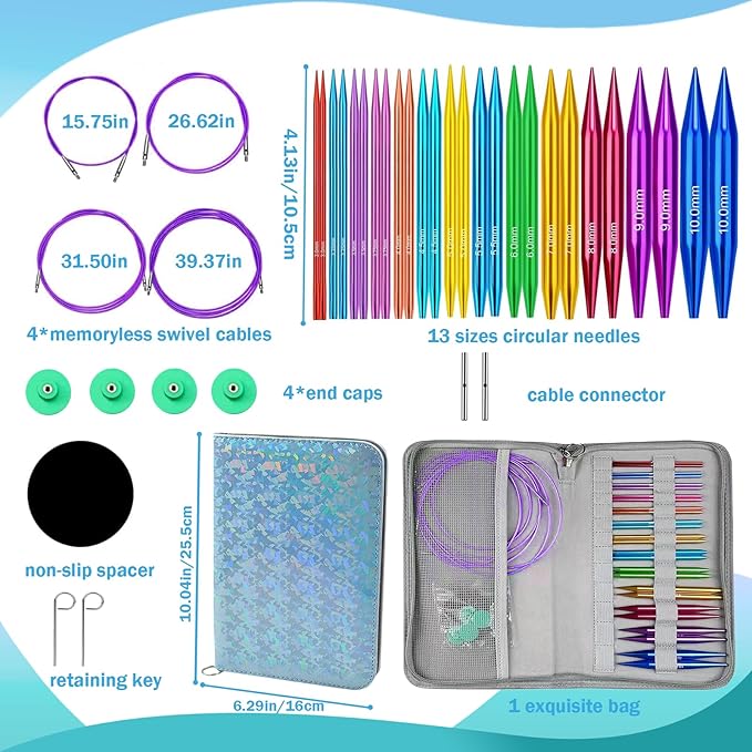 Yarniss 13 Pairs Circular Knitting Needle Set 3.0~10.0mm,4-Inch Interchangeable Aluminum Knitting Needles with 4 Cables, Round Needle with Case