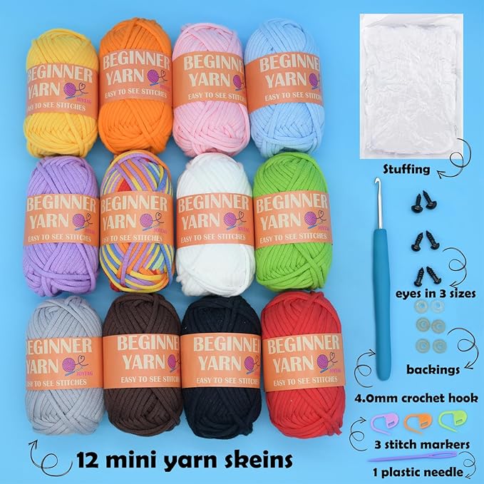 12 Pack Beginners Crochet Yarn Blue Green Pink Purple Yellow Rainbow Cotton Easy Crochet Yarn for Crocheting Knitting Beginners with Easy-to-See Stitches Mini Beginner Crochet Kit(12x25g)