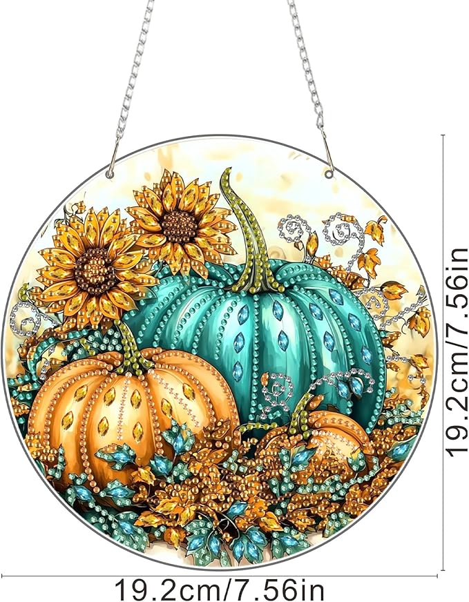 SENQAO Pumpkin Fall Diamond Art Hanging Kits for Adults Kids, Acrylic Diamonds Painting Pendant Board Kits Flower, Diamond Art Painting Window Pendants Home Garden Wall Hanging Kits Hanging Ornament