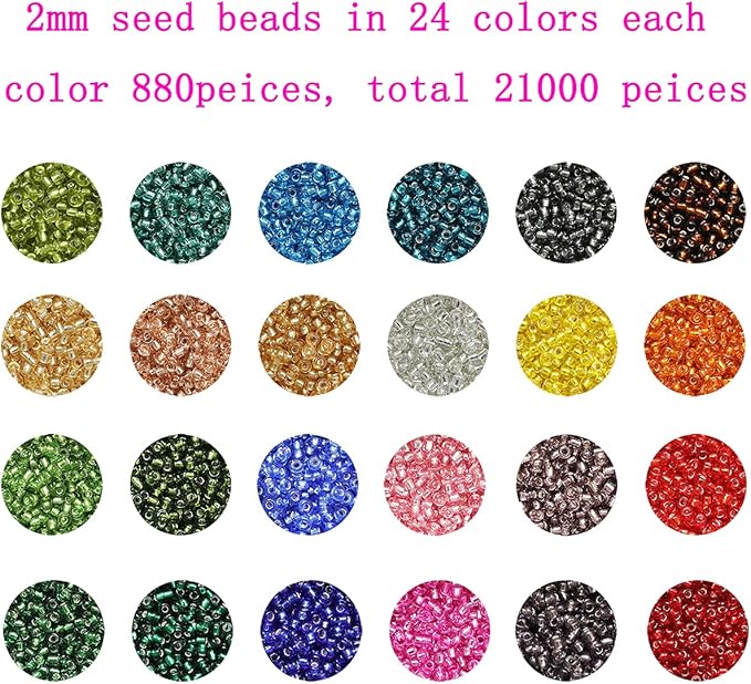 About 21000pcs 2mm 12/0 Glass Seed Beads 24 Colors Loose Beads Kit Bracelet Beads with 24-Grid Plastic Storage Box for Jewelry Making