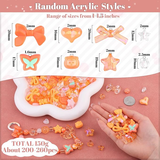 200-260PCS TINKRSTUFF Assorted Acrylic Beads Orange Cute Beads for Bracelet Making,Bow Aesthetic Star Flower Butterfly GummyBear Kawaii Charms for Jewelry Necklace Making DIY Keychain Phone Charm