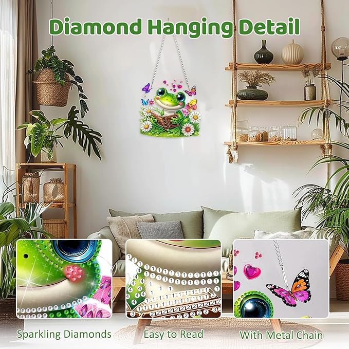 MEIYUDA Frog Diamond Art Hanging Kits for Adult, Cute Frog Diamond Painting Hanging Kits Ornaments, DIY Special Shaped Rhinestone Window Pendants kit for Home Garden Wall Decor Gift
