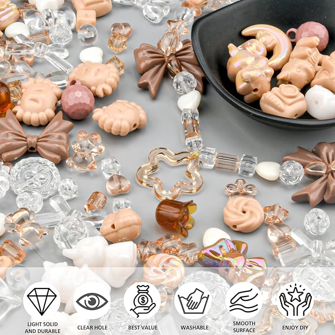 ABONDEVER 245-300Pcs Assorted Acrylic Beads for Bracelets Making Kawaii Star Bow Flower Candy Heart Gummy Bear Butterfly Beads for DIY Jewelry Crafts Keychain Necklace Phone Charms(Coffee)