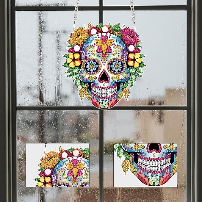 DIY 5D Diamond Painting Hanging Ornament, Skull Design Diamond Art Pendant for Wall, Door, or Window Decoration, Crystal Rhinestone Kit for Halloween, Birthday or Festival Gifts