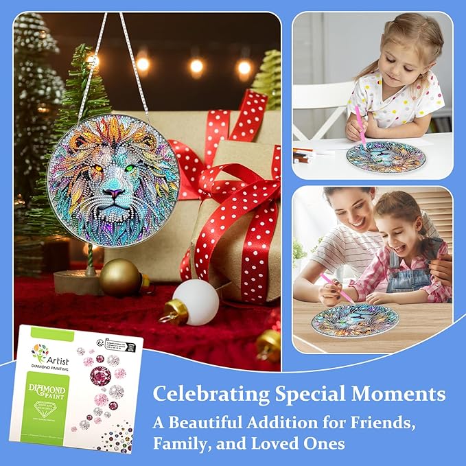 Lxmsja DIY Stained Glass Lion Diamond Painting Hanging Ornament, Double-Sided Acrylic Lion Diamond Art Kit, Special Shaped Suncatcher Hanging Pendant Window Art Kit 8x8 inch