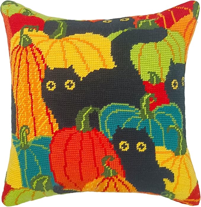 Howie's Needlepoint Needlepoint Kits for Adults, Pillow Front Cross Stitch Kit with Embroidery Pattern on Canvas, Yarn, 2 Needles and Instruction, 16 x 16inch(Black Cats in the Pumpkin Patch)