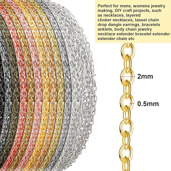 kenning 12 rolls 120 feet 2 mm jewelry making chains link roll bulk 12 colors necklace chains with 120 lobster clasps and 50 jump rings for diy earring bracelet jewelry making supplies