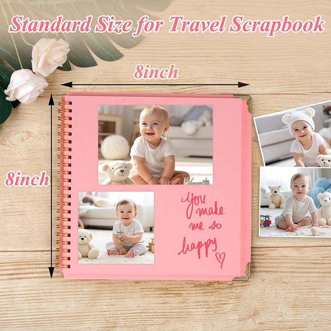 Joyberg Scrapbook 80 Pages, Scrapbooking Supplies 8 x 8 In, Scrapbook Album Suitable for Album Memory Book Wedding, Anniversary Family, DIY Craft Projects (Pink)