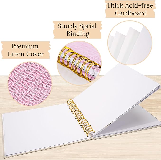 Scrapbook Photo Album Linen Cover, 10 x 10 Inch Hardcover Kraft White Pages Memory Book, for Travel Wedding Guest Book Christmas Baby Shower (40 Sheets/ 80 Pages,Pink)