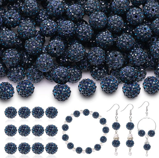 200 pcs blue black rhinestone beads for jewelry making, sparkle crystal clay christmas for bracelet baseball necklace earring crafting and diy, shiny round shamballa disco ball beads bulk