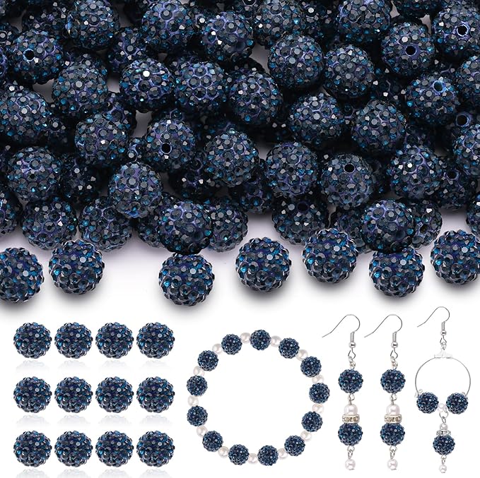 120pcs 10mm rhinestone beads for jewelry making, blue black shiny round shamballa disco ball beads bulk, sparkle crystal clay christmas for bracelet baseball necklace earring crafting and diy