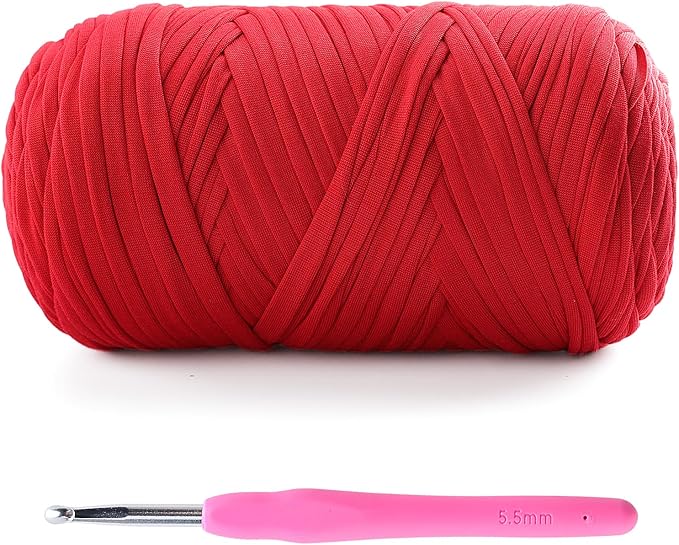 Tshirt Yarn for Crochet - 400 g/130 yds T Shirt Yarn for Crocheting Bags/Baskets/Home Decor - Soft Elastic Fabric T-Shirt Yarn with 1 Crochet Hook (1, Red)