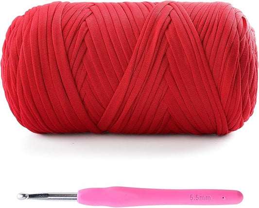 Tshirt Yarn for Crochet - 400 g/130 yds T Shirt Yarn for Crocheting Bags/Baskets/Home Decor - Soft Elastic Fabric T-Shirt Yarn with 1 Crochet Hook (1, Red)