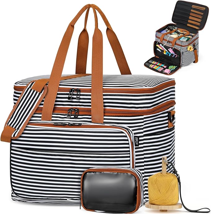 IBFUN 3PCS Crochet Bag with Wrist Yarn Holder, Large Yarn Storage Tote Waterproof Knitting Bag Organizer with Adjustable Strap for Hooks, Needles (Up to 14"), Accessories, Crochet Lovers, Tangle-Free