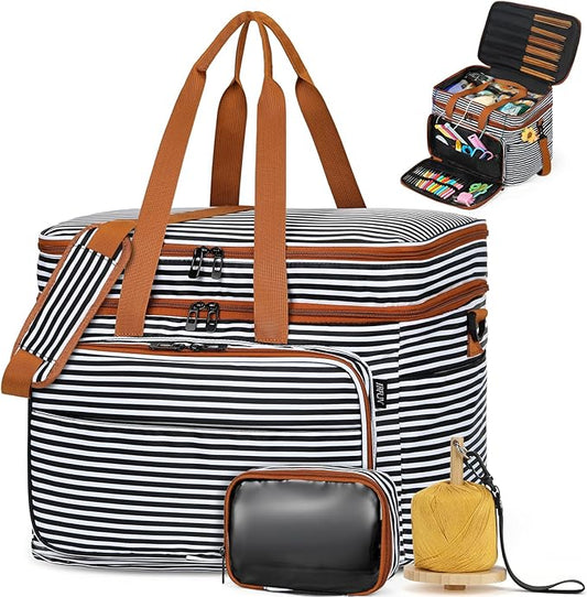 IBFUN 3PCS Crochet Bag with Wrist Yarn Holder, Large Yarn Storage Tote Waterproof Knitting Bag Organizer with Adjustable Strap for Hooks, Needles (Up to 14"), Accessories, Crochet Lovers, Tangle-Free