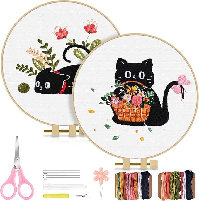 TINDTOP 2 Pack Embroidery Kit for Adult Beginners, Embroidery DIY Starter Kit, with Black Cat and Flowers Stamped Patterns, Hoop, Tools, Colorful Threads with Needles, Instructions