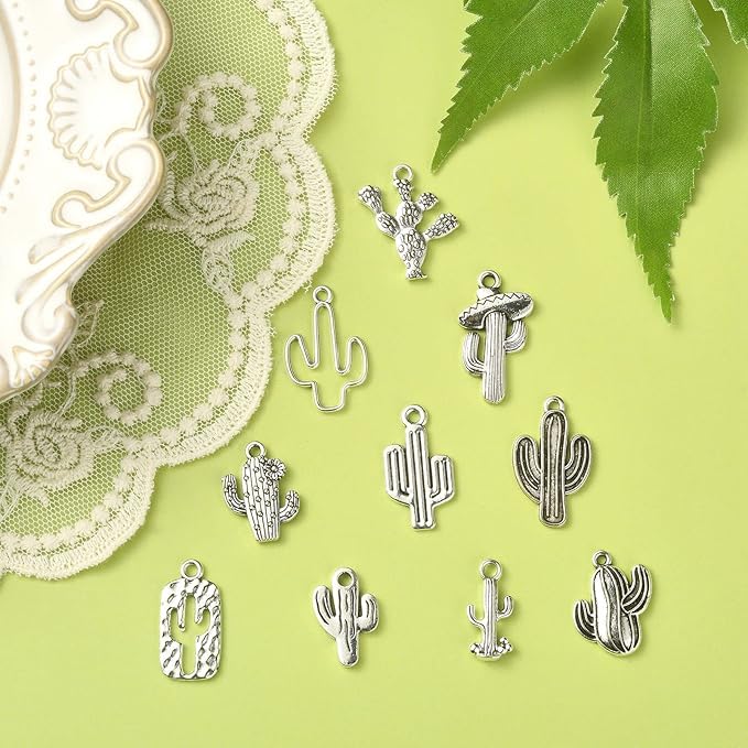 DanLingJewelry 100Pcs 10 Styles Tibetan Tropical Cactus Charms Summer Desert Plant Charms for Earring Necklace Bracelet Making