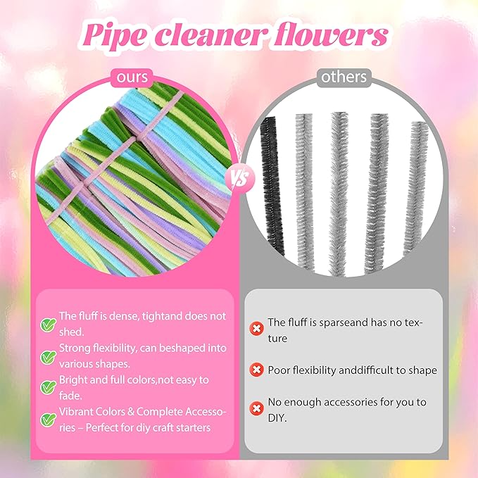 300 Pcs Thick Pipe Cleaners,Craft Supplies Floral Bonquet,DIY Flower Making Kit for Starter with Floral Wires, Gardening Tape,Stamen (7-Rainbow Macaron Palette)