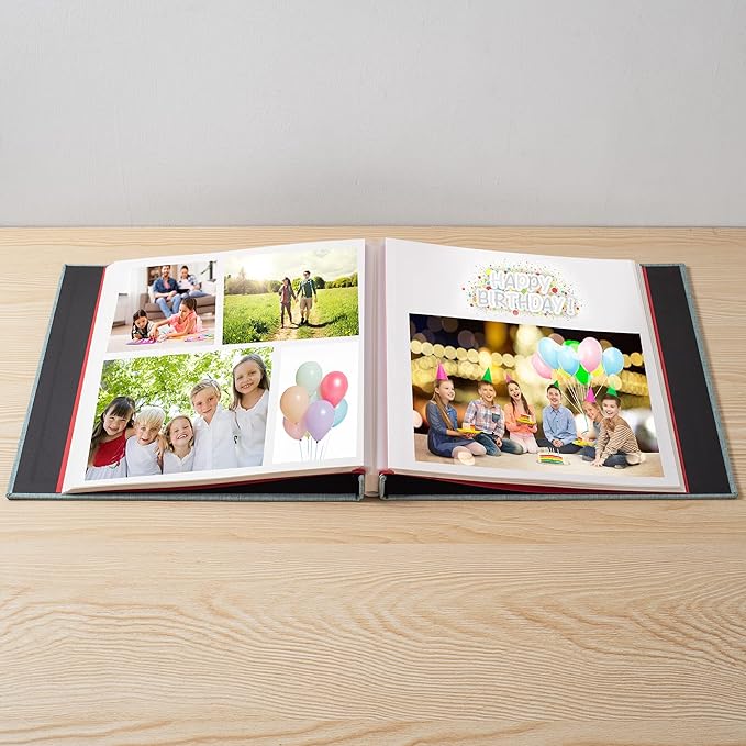 Large Photo Album Self Adhesive 4x6 8x10 10x12 13"x12.8" Magnetic Scrapbook Album 12.6"x11" Inch 60 Sticky Pages Linen Cover DIY Photo Album with A Metallic Pen and DIY Stickers(Green)