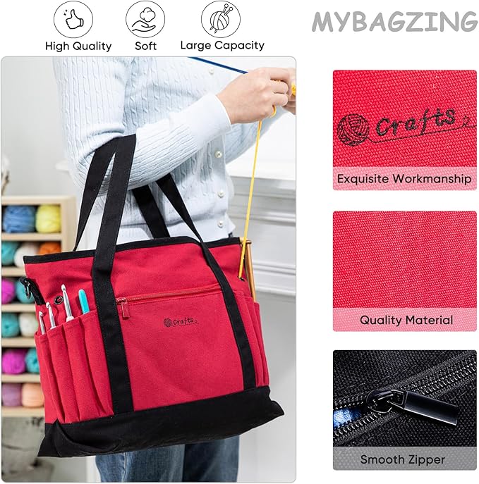Canvas Yarn Storage Organizer Bag Washable Crochet Bag with Pockets for Yarn, Hooks, Needles – Travel Knitting Tote for Crafters – Gift for Crocheters & Knitters (Medium/Large)