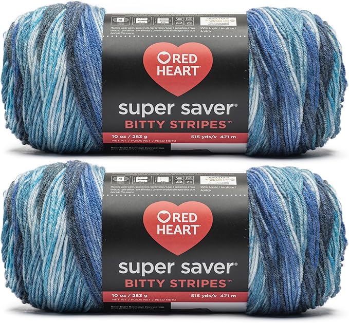 Red Heart Super Saver Bitty Stripes Horizon Yarn - 2 Pack of 10oz/283g - 100% Acrylic - #4 Worsted (Medium) - 515 Yards - Knitting/Crochet