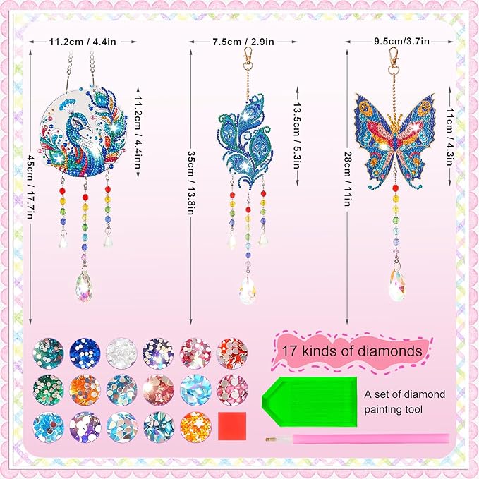 VibyTiby 3 pcs Diamond Art Kit, DIY Suncatcher Craft with Crystal Pendants for Home Garden Window Decor, Creative Gift for Craft Lovers