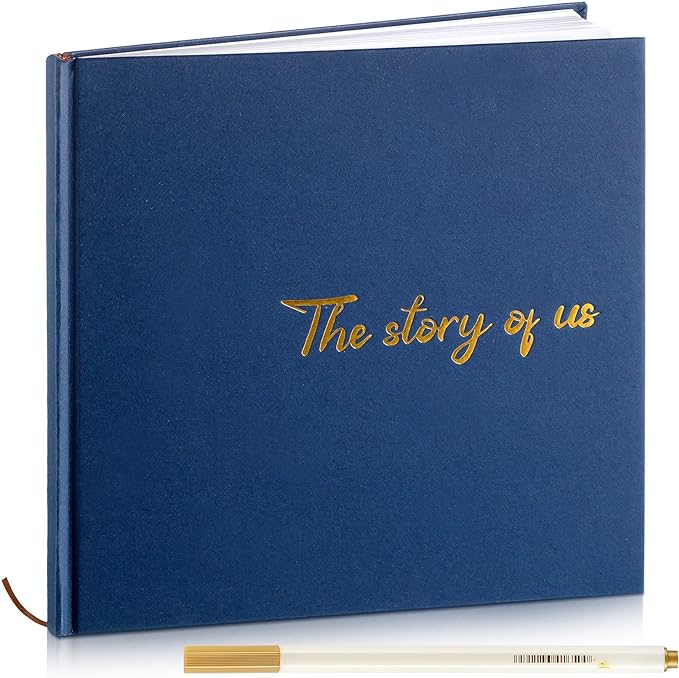 Colarr Hardcover Couples Scrapbook 144 Pages 8.7 x 8.7" Valentine Couples Photo Album Scrapbook Journal for 1 Year Wedding Memory Anniversary Photo Book Gift with 2 Markers(Navy Blue,the Story of Us)