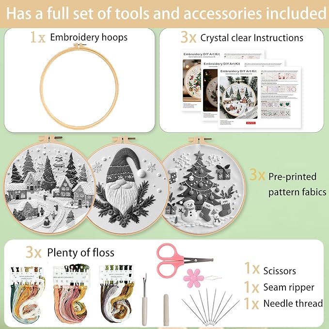 Ohcol 3 Sets Christmas Embroidery Kit,Cross Stitch Kits for Beginners,Needlepoint Kits for Adults with Easy Floral Pattern Hand Crafts,Hoop,Needle