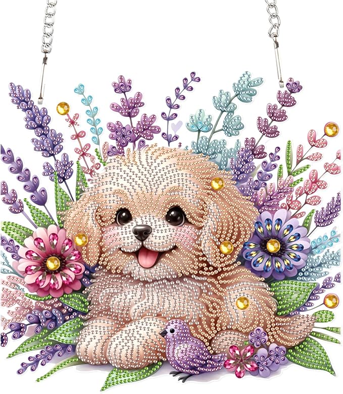 AiYuanzsh 5D Diamond Painting Hanging Pendant Kit with Chain, Cute Dog DIY Crystal Rhinestone Diamond Art Suncatcher Ornament for Window, Door, Wall, Home Decor Gift (25.2x23.8 cm)