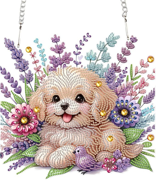 AiYuanzsh 5D Diamond Painting Hanging Pendant Kit with Chain, Cute Dog DIY Crystal Rhinestone Diamond Art Suncatcher Ornament for Window, Door, Wall, Home Decor Gift (25.2x23.8 cm)