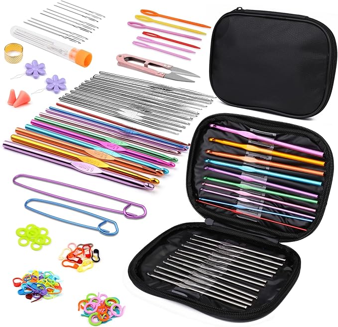 IMZAY 110 Pcs Crochet Hooks Set, Crochet Needles, Ergonomic Crochet Hooks Kit with Storage Case, Knitting Accessories, Knitting Blunt Needles Stitch Marker DIY Hand Knitting Craft for Beginners