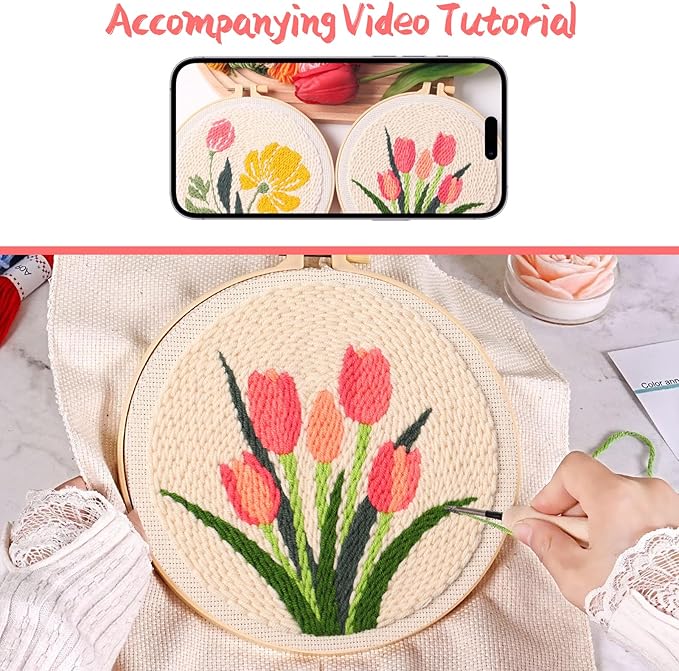 BATHRINS 2PCS Embroidery Punch Needle Kit Beginners Cross Stitch Kits Creative Easy Floral Pattern Hand Crafts with Hoop,Needle,Threads Mothers Day Gifts Crafts & Home Decor