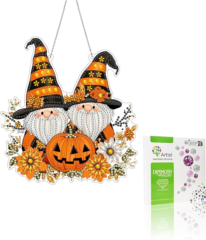 VAIIEYO Halloween Diamond Art Hanging Ornament, Dwarf Gnome Diamond Painting Suncatchers Window Hanging Kit with Chain, 7.5x7.5 inch Crystal Pendant Art Craft for Gift Home Wall Front Door Decoration