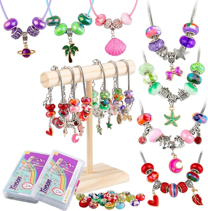 Beads Jewelry Making Kit – Charm Bracelet & Necklace DIY Set with Pearl, Shell & Pony Beads, Creative Arts and Crafts Gift for Birthday