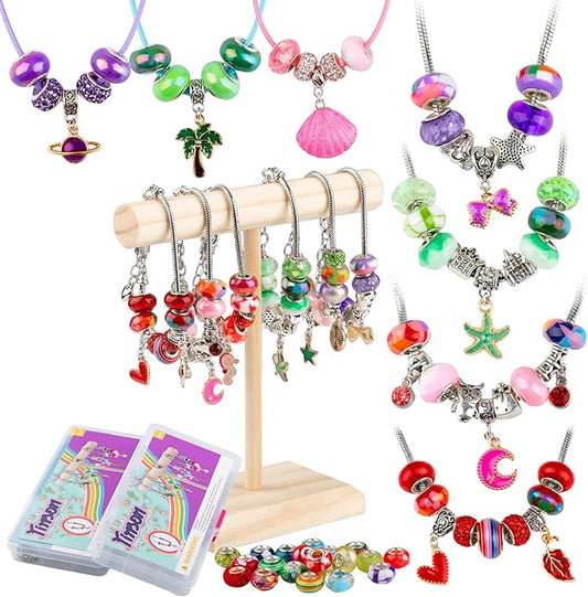 Beads Jewelry Making Kit – Charm Bracelet & Necklace DIY Set with Pearl, Shell & Pony Beads, Creative Arts and Crafts Gift for Birthday