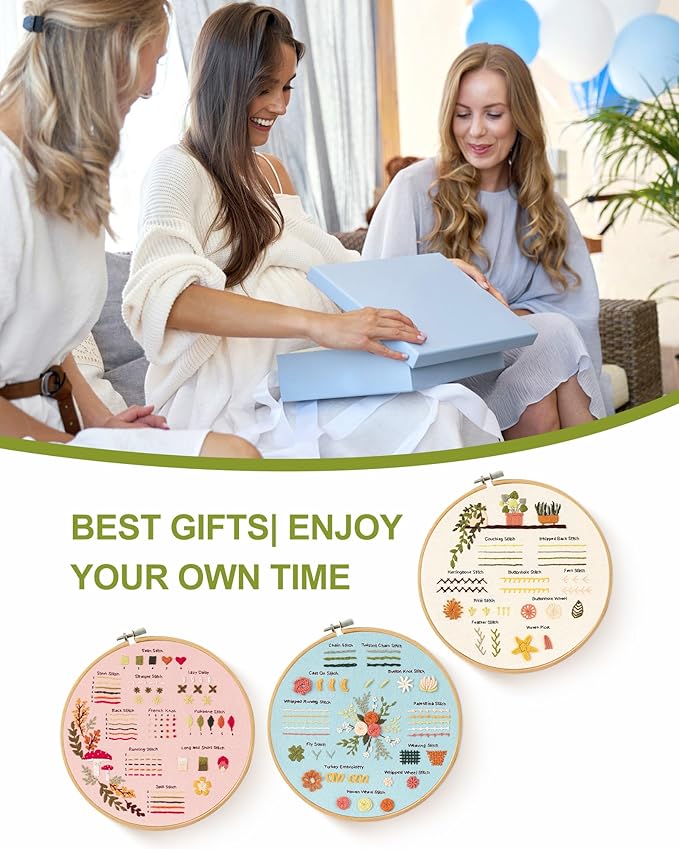 Santune 3 Sets Embroidery Kit for Beginners Adults,Learn Over 30 Different Stitches,DIY Cross Stitch Kits,Including Clear Instructions,Video Tutorials,Stamped Flower Patterns,Hoop,Color Threads,Tools