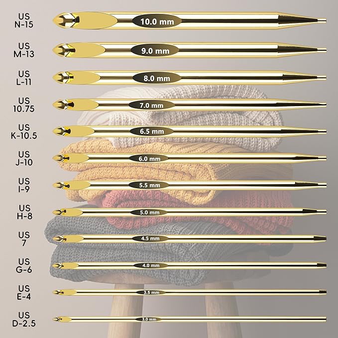 27Pc Gold Plated Tunisian Crochet Hooks Set 3mm-10mm, Interchangeable Aluminum Crochet Hook with Cable, Long Crochet Hooks for Tunisian Crochet, Versatile Crochet Hook Set for Craft Enthusiasts
