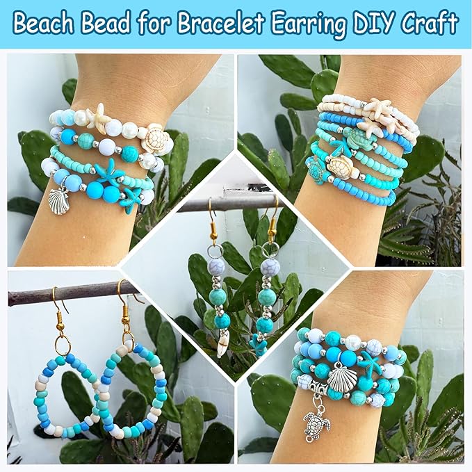 1960Pcs Ocean Beads for Bracelets Making Kit, Blue and White Summer Beach Bead for Jewelry Making, Sea Turtle Seashell Starfish Shape Beads 8mm Round Seed Bead for DIY Craft Bracelets Earring