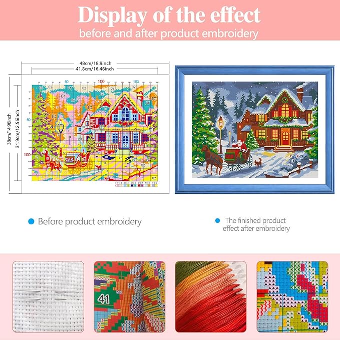 Zhenqing Christmas Snow Night Printed Cross Stitch Kit - 11CT 38x48cm with Threads, Needle & Pattern, No Hoop Needed for Beginners (65830)