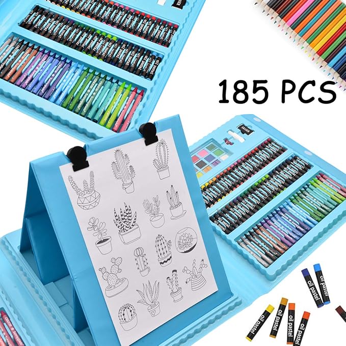 Sunnyglade 185 Pieces Double Sided Trifold Easel Art Set, Drawing Art Box with Oil Pastels, Crayons, Colored Pencils, Markers, Paint Brush, Watercolor Cakes, Sketch Pad (Blue)